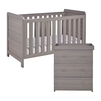 Image of Babymore Caro 2 Piece Nursery Room Set Grey Wash 1 Baby Cot Bed &amp; Chest Changer With 3 Double Handle Drawers, Wooden Of Drawer Storage Cabinet Furniture