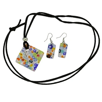 Image of GlassOfVenice Murano Glass Millefiori Square Necklace and Earrings Set