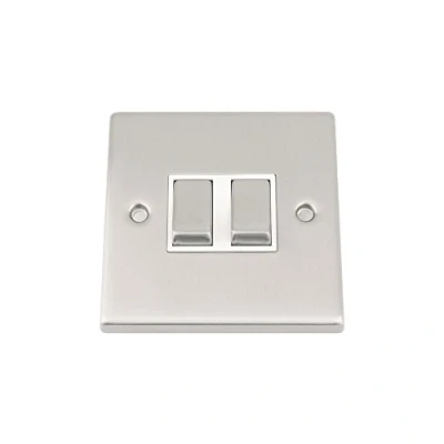 Image of Light Switch Double 2 Gang Satin Matt Chrome Square White Insert Metal Rocker 10 Amp Way