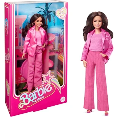 Image of Barbie The Movie Doll, Gloria Collectible Wearing Three Piece Pink Power Pantsuit with Strappy Heels and Golden Earrings​​​, HPJ98