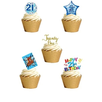Image of 17 Stand Up Twenty One 21st Birthday Boy Man Themed Edible Wafer Paper Cake Toppers Decorations