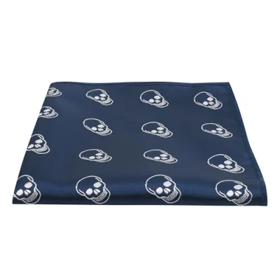 Image of King &amp; Priory Navy Blue Embroidered Skull Pocket Square, Handkerchief