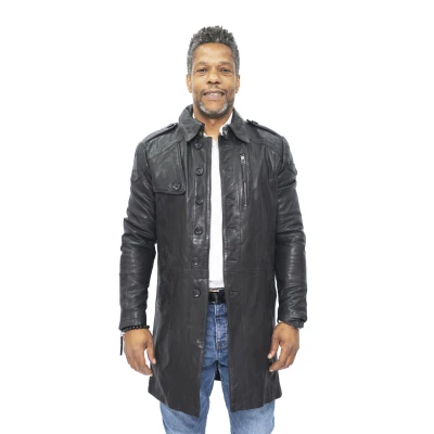 Image of Mens Classic Black Long Genuine Leather Cromby Trench Jacket M
