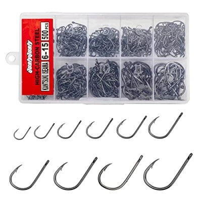 Image of QualyQualy Worm Hooks for Bass Fishing Hooks, 500pcs Carp Eyed Freshwater High Carbon Steel with Portable Box