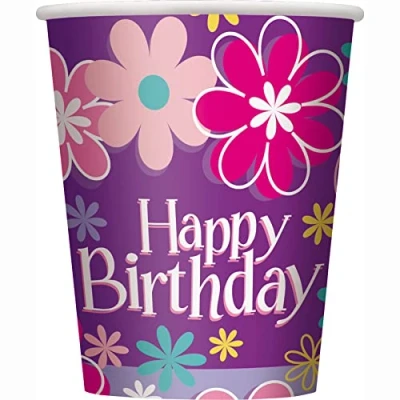 Image of Unique 82212 Paper Cups 266 ml Birthday Blossoms Party 8 Count (Pack of 1)