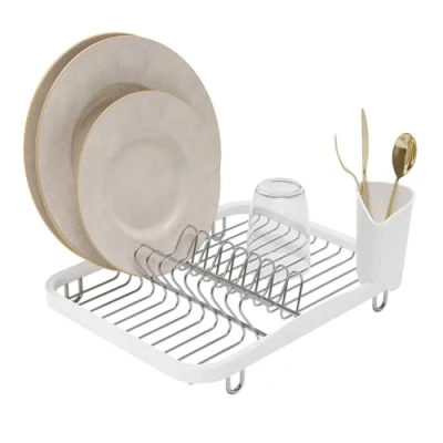 Image of Umbra Sinkin Dish Drying Rack Kitchen Sink Caddy with Removable Cutlery Holder, Fits In or on Countertop, White/Nickel