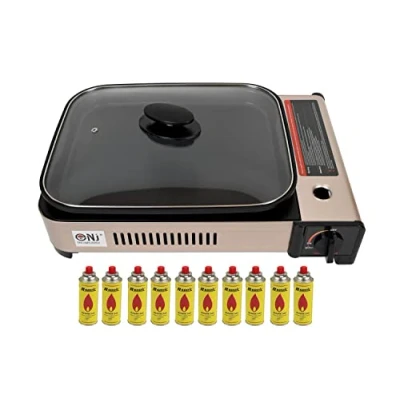 Image of NJ Portable Camping Gas Grill BBQ with Lid Butane Outdoor Stove (Gas + 10 Canisters)