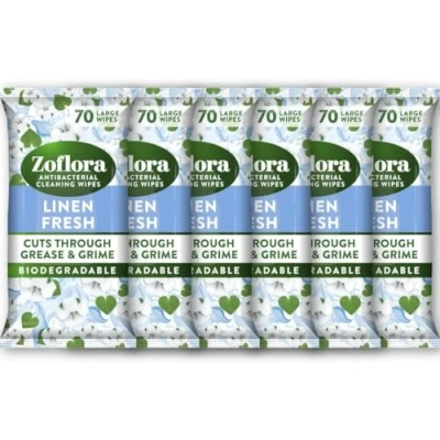 Image of Zoflora Linen Fresh Biodegradable Wipes, Antibacterial Multi surface Cleaning Kills 99,9% of Bacteria &amp; Viruses, Convenient, Quick Cleaning, 6 Pack, 70 Wipes per Pack (420 Sheets)