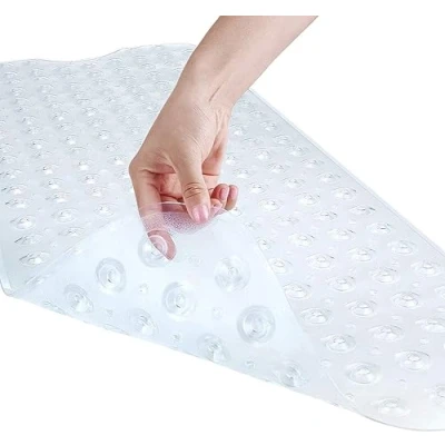 Image of Dwellton Long Bathtub Mat, PVC Non Slip Anti Mould, with Drain Holes &amp; Suction Cups, Machine Washable 100 x 40cm / 39 16 inches Shower Mat (Clear, 40cm)