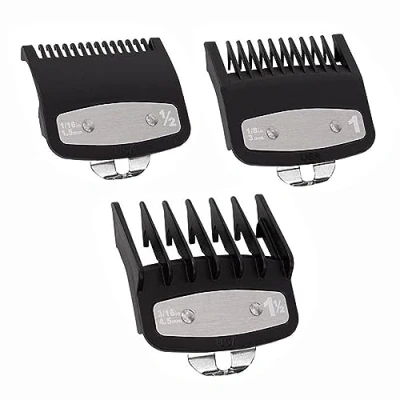 Image of 3 Pack Clipper Guards Premium Compatible with Wahl Hair Clippers Trimmers Metal Clip Cutting Lengths is 1 1/2 ，1/2 and 1(1.5，3，,4.5 mm) Fits Most Size Guide Combs，Black