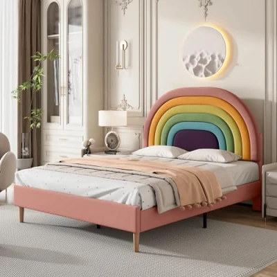 Image of ModernLuxe Double Bed Frame with Slatted and Height adjustable Headboard, Wooden Slat Support, Easy Assembly, Upholstered for Adults &amp; Teenagers, Velvet, Pink, 135x190cm