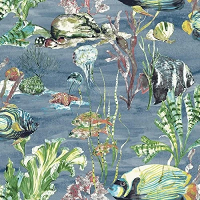 Image of Aquarium Blue Wallpaper Grandeco Watercolour Fish Jellyfish Sea Life Creatures
