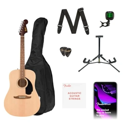 Image of Fender California Debut Redondo Drednought Acoustic guitar Pack in Natural. Includes a gig bag, strap, picks, stand, clip on tuner Play