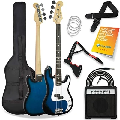Image of 3rd Avenue Full Size 4/4 Electric Bass Guitar Beginner Pack Kit with 15W Amplifier, Bag, Cable, Strap, Stand and Spare Strings Blue