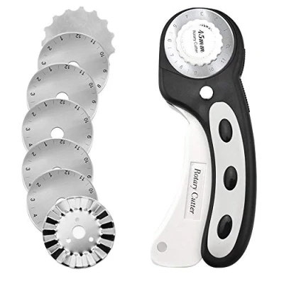 Image of 45mm Rotary Cutter with 7pcs Replacement Blades, Ergonomic Handle Rolling Safety Lock for Fabric, Leather, Paper, Crafting, Sewing, Quilting, Perfect Left &amp; Right Hand(Black)