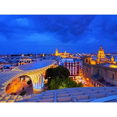 Image of Wee Blue Coo Photography Cityscape Seville Spain Cathedral Night View Lights Canvas Print