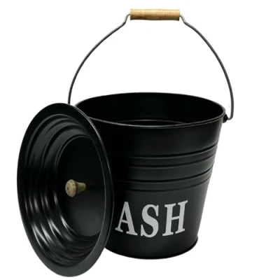 Image of Trendi 12 Litre Black Metal Ash Bucket Wooden Handle &amp; Lid Fireplace Container Coal Storage Log Holder Fire Pit Wood Burning Stove Bin, Living Room, (Ash only)