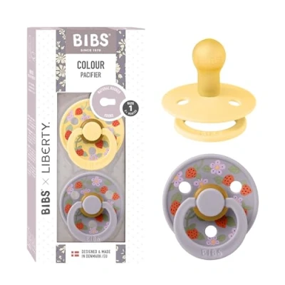 Image of BIBS Liberty Pacifier 2 Colour Natural Rubber Latex Soothers Size 1 (0 6 Months) BPA Free Dummy Round Nipple Designed &amp; Made in Denmark Strawberries and Cream Pale Butter Mix
