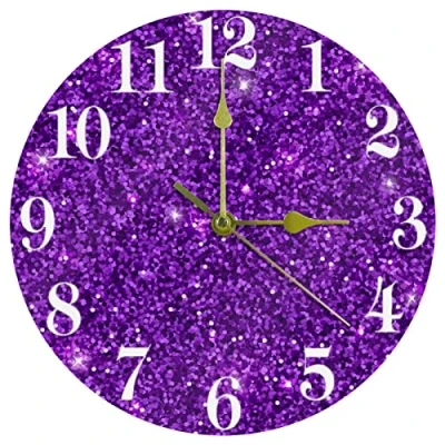 Image of Purple Glitter Vector Wall Clock, 10 Inch Silent Non Ticking Quartz Battery Operated Round Clocks Home/Kitchen/Office/School Clock