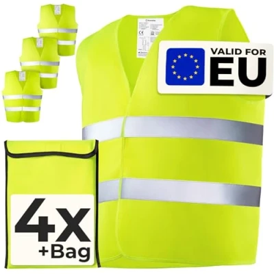 Image of High Vis Vests Yellow Set of 4 with Bag Hi Tested EN ISO 20471 Jackets Valid throughout Europe Ideal for Car, Construction Universal Size