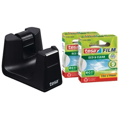 Image of tesafilm Desk Dispenser for Adhesive Tape Black includes 2 rolls of Eco and Clear 33 m x 19 mm 53905 00000 01