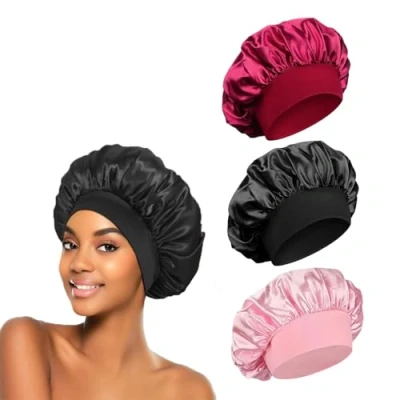 Image of 3Pcs Hair Bonnet for Sleeping, Wide Elastic Band Satin Silk Shower Cap Girls Makeup Care Hat Soft Sleep Head Cover Night Curly Protection