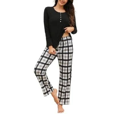 Image of Reliwel Women&#039;s Pyjama Sets Cotton Checked Loungewear for Women Long Sleeve Top and Plaid Bottoms Soft Nightwear Sleepwear Casual Pj with Pockets Drawstring S XXL Black