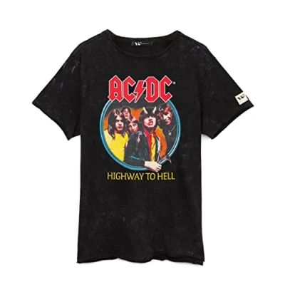 Image of AC/DC T Shirt for Men and Women Unisex Black Short Sleeve Rock Band Acid Wash Tee Highway to Hell Album Cover Music CD Gifts Merchandise Large