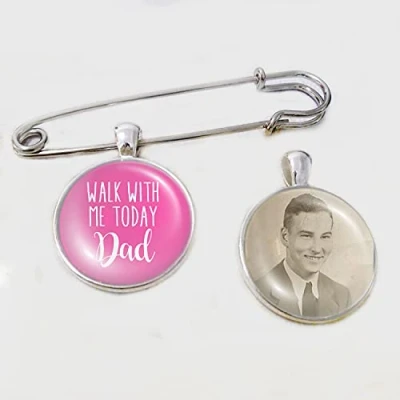 Image of Personalised Wedding Bouquet Photo Bridal Charm With Lapel Pin Bride Remembering the Father of Boutonniere Custom Memory Memorial Keepsake Quote Dad Walk Me (Pink)