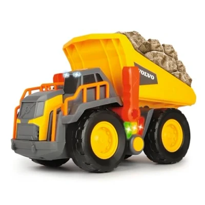 Image of Dickie Toys 203725004 Volvo Toy Lift, Truck Dumper Detects 3 Different Weight Levels, Moving Load, Light &amp; Sound, Includes Batteries, 30 cm, Yellow/Grey, Kipplaster