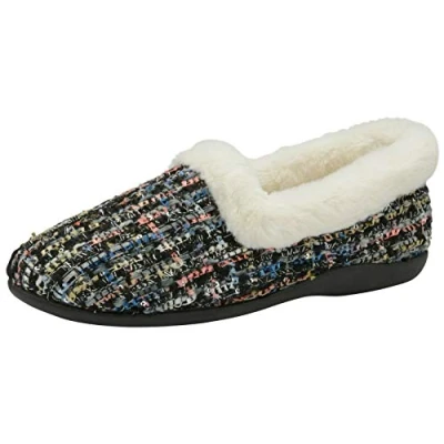 Image of DUNLOP Sandie Ladies Collared Full Slippers Navy Blue (8 UK, Black Fleck)