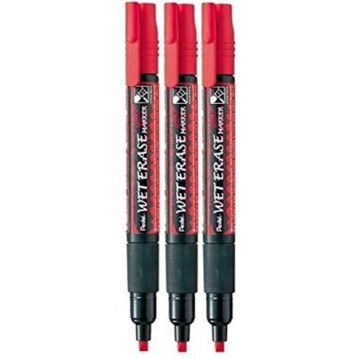 Image of Pentel Red Wet Erase Chalk Marker Pens Metal Glass Plastic Stone Blackboard Chalkboard 4mm Chisel Nib With 1.5mm Line Width SMW26 BO (Pack Of 3)