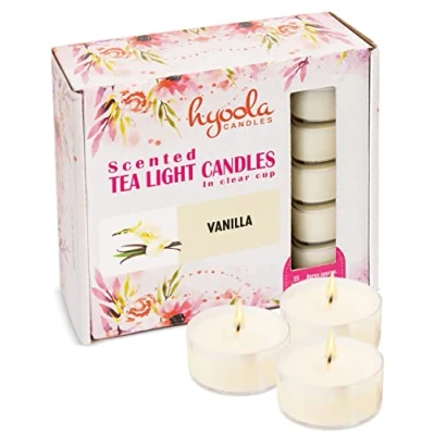 Image of Hyoola Scented Tealight Candles Clear Cup Vanilla Tealights 6 Hour Burn Time 15 Pack European Made