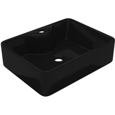 Image of vidaXL Black Ceramic Bathroom Sink Basin with Faucet Hole, Compact Modern Design, Cozy High Gloss Finish, Easy to Clean, Above Counter Installation