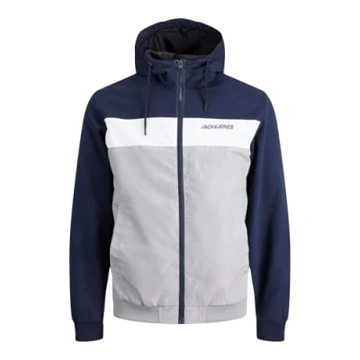 Image of Jack &amp; Jones Jjerush HOOD Windbreaker, Men&#039;s, Size: XL, Navy blazer/white/light grey melange