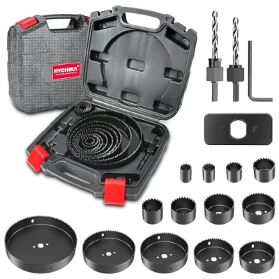 Image of Hole Saw Set HYCHIKA 19 Pcs Kit with 13Pcs Blades, 2 Mandrels, Drill Bits, 1 Installation Plate, Hex Key, Max Size 6&quot; and Min 3/4&quot;, Ideal for Soft Wood, Plywood, Drywall, PVC