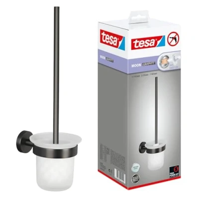 Image of tesa MOON WC set with holder &amp; toilet brush in brushed graphite, satin glass self adhesive, made of PVD coated metal drill free, incl. adhesive solution 379 mm x 112 145