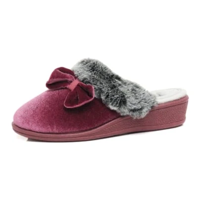 Image of DUNLOP Women&#039;s Ladies Pamela Memory Foam Backless Low Wedge Heel Mule Slipper in Navy Blue or Lilac Size 3,4,5,6,7,8 (Pink Bow, UK Footwear System, Adult, Women, Numeric, Medium, 6)