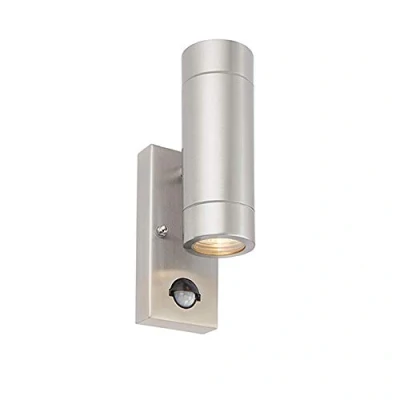 Image of Saxby Palin Outdoor Lights with Built in PIR Outside Mains Powered GU10 LED Compatible Wall Up Down IP44 Rated Light, Brushed Stainless Steel