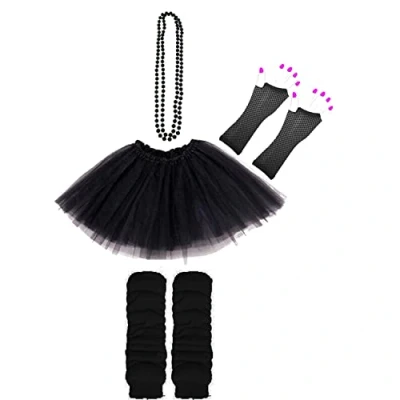 Image of Lizzy Neon Colour Leg Warmers + Fishnet Gloves 3Layer Tutu Beads Necklace 80s Teen Fancy Dress Dance ware Hen Party Accessory (Black, Ladies)