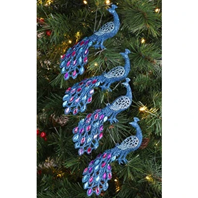 Image of Christmas Concepts® 20cm Peacock Decoration With Jewelled Tail Luxury Tree Decorations (Turquoise Beaded, Pack of 4)