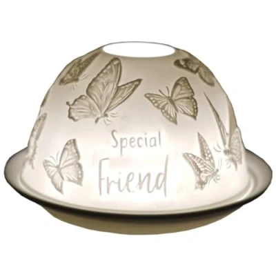 Image of Cello Special Friend Butterfly Porcelain Tealight Dome, Holder Projecting a Loving Message. Use Tealights or LEDs. Gifts for Women, Women.