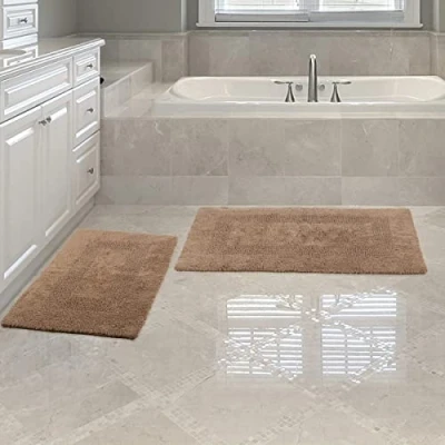 Image of Lavish Home Bathroom Rugs 2 Piece Cotton Mat Set Machine Washable Bath Mats for Bathroom, Kitchen, or Laundry Room (Taupe)