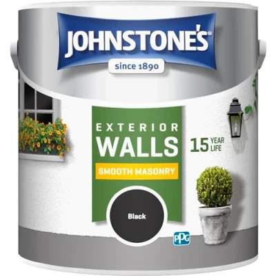 Image of Johnstone’s Exterior Smooth Masonry Paint Black Up to 15 Years Protection Weather &amp; Dirt Resistant 30m² Coverage Per Tin Dry in 1 2 Hours 2.5 L