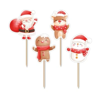 Image of Anniversary House 12 pcs Christmas Cupcake Toppers, Xmas Gingerbread, Snowman, Santa, Reindeer Cake Topper Kit, Decorations, Cup Premium Paper &amp; Bamboo Pick, J232