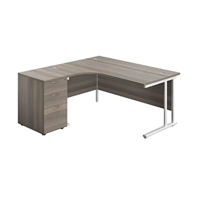 Image of Office Hippo Heavy Duty Left Corner Radial Desk With 3 Drawer High Storage, Home Desk, Filing, PC For or Home, 5 Yr Wty, MFC Grey Oak,White Frame, 160cm x 160.4cm
