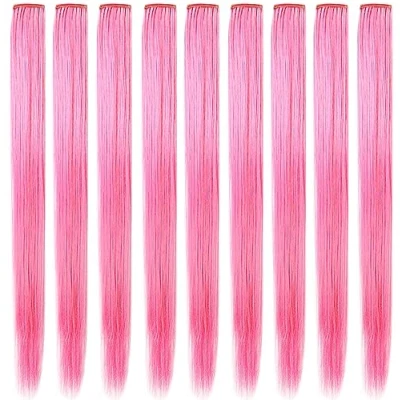 Image of ZHAOWWEI 9 PCS Princess Colorful Extensions Multi Colors Party Highlights Streak Synthetic Hairpieces Clip In/Clip On Colored Hair Extensions(Pink)