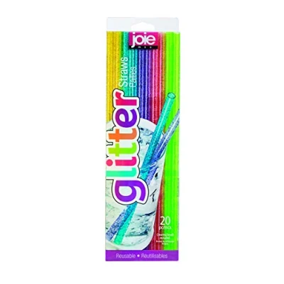 Image of Joie Reusable Plastic Straws, 20 Piece Set with Cleaning Brush, Glitter, Colorful, Eco Friendly