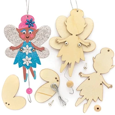 Image of Baker Ross FE861 Winter Fairy Wooden Puppet Pack of 5, Make Your Own Puppets, Puppets for Kids, Crafts Kids to Assemble and Decorate