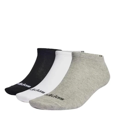 Image of adidas Unisex Thin Linear 3 Pairs No Show Socks, Medium Grey Heather/White/Black, XS